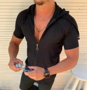Men Zipper Hoodie Hooded Black Fashion Short Sleeve Casual Full Zip T Shirt Soft - Picture 1 of 4