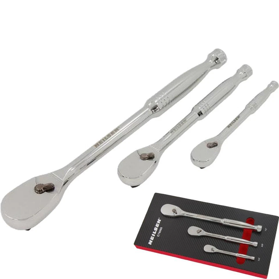 Neilsen Socket Pear Head Ratchet Handle Set 1/4" 3/8" 1/2" 90T Set EVA Foam 3pc - Image 1 of 3