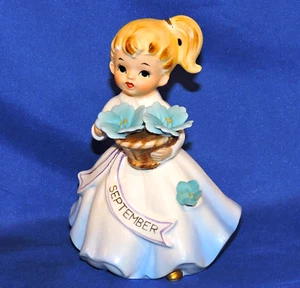 Vintage September Porzellan Geburtstag Mädchen Puppe blau mit Blumen Japan Figur - Bild 1 von 13
