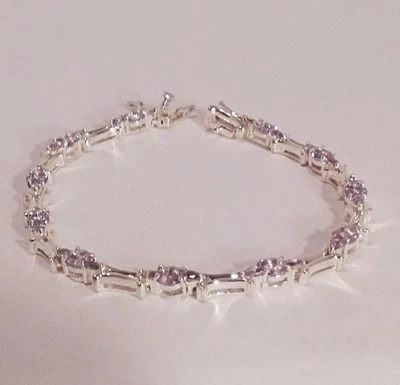 纯银 11 椭圆形薰衣草/紫色宝石手链 8 英寸 — 第 1/3 张图片