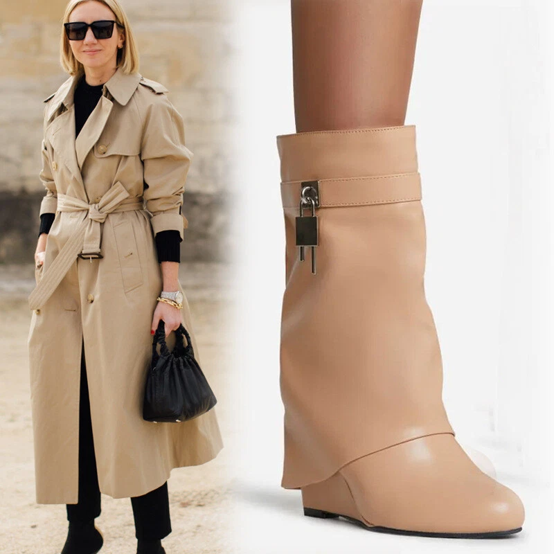 Retro Womens Round Toe High Wedge Heels Metal Lock Boots Oversized High Boots Sz - Image 1 of 4