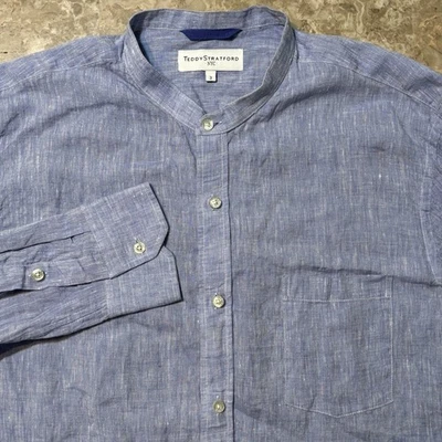 Camisa Teddy Stratford Para Hombre Grande (3) Azul Manga Larga Lino Banda Cuello Cremallera Ajuste Foto 1 de 4