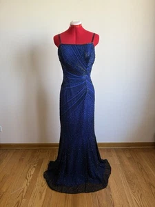 Vintage Y2K Hand Beaded 100% Silk Prom Maxi Dress Formal Gown Navy Blue Black - Picture 1 of 12