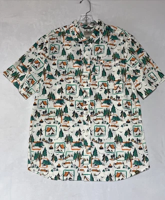 LL Bean кемпинг лагерь мотив рубашка на пуговицах мужской средний кремовый палатки деревья - Изображение 1 из 4