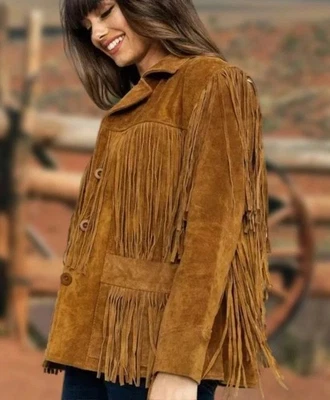 Women Native American  Cowgirl Suede Leather Jacket with Fringes  - Image 1 of 4