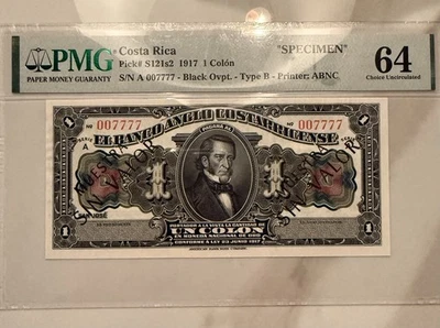 Muestra TOP POP Costa Rica 1 Colón 1917 PMG 64 Sólida 007777 Serie RARA Vibrante Foto 1 de 4