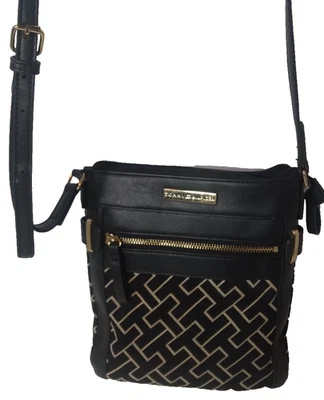 Tommy Hilfiger Black & Gold Crossbody Purse 8"Wx9"H Zip pocket exterior - Image 1 of 4