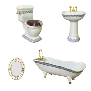 4pieces 1:12 Miniature Dollhouse Bathroom Set - Bathtub Toilet Sink Mirror - Picture 1 of 6