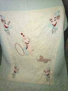 Vintage baby quilt embroidered 51" X 63" Clowns & Puppies - Picture 1 of 12