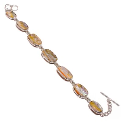Sparkling Mother of Pearl Gemstone Handmade Elongated Engraved Flower Bracelet - Image 1 of 3