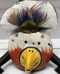 Signed Zeke Pottery Chicken Bird 3D Head With Feathers Small Hanging Wall Art - Picture 1 of 8