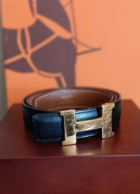 Cinturón HERMES Constance H caja dorada cuero de becerro 31 pulgadas negro/marrón en muy buena condición+ Foto 1 de 4