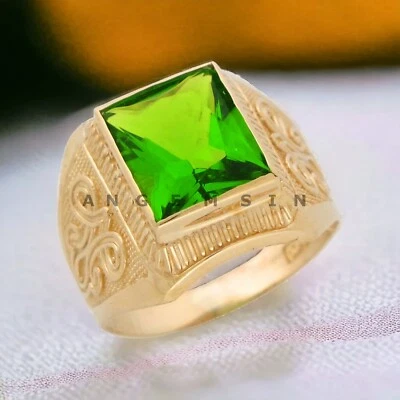 Piedra preciosa de peridoto gr con anillo enchapado en oro de plata de ley 925 para hombre #AL922 Foto 1 de 4