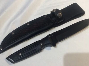 Vintage KA-BAR Eagle USA Black Fixed Blade Knife w/ Black Leather Sheath Combat - Picture 1 of 18