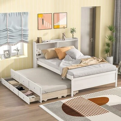 Twin/Full Size Daybed with Trundle & 3 Storage Drawers Captain’s Bed w/ Bookcase - Image 1 of 4