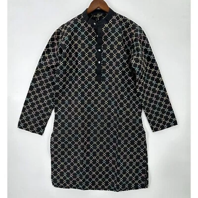 Sojanya Kurta Mens Pullover 3/4 Sleeve Pockets Geometric Black Multicolor S NWT - Image 1 of 4