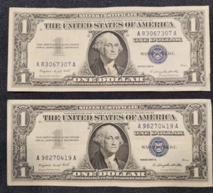 (2) 1957 A $1 Dollar Silver Certificates (Blue Seal) Circulated A A Block - Picture 1 of 6