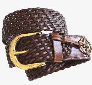 Michael Kors Brown Leather Braided Woven Wide Gold Buckle Belt Womens fits all - Picture 1 of 4