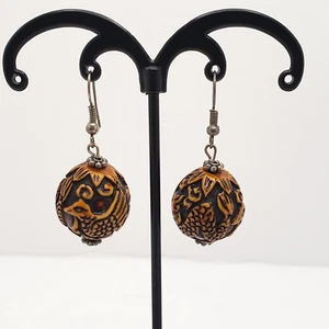 Carved Dangle Earrings Ball Sphere Dragon Fish Asian Aesthetic Handmade Unique - Picture 1 of 10