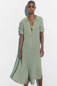 Zara 100% Linen Shirt Dress SMALL Long Sleeve Khaki Green Button Front Nwt - Picture 1 of 14