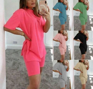 Ladies Oversize Slit Tshirt Cycling Short Co Ord Womens LoungeWear Tracksuit Set - Picture 1 of 25