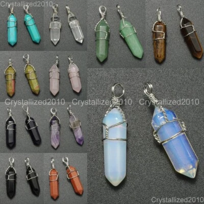 Collares colgantes de chakra Reiki de punto hexagonal de piedras preciosas naturales cuentas envoltura de alambre Foto 1 de 4