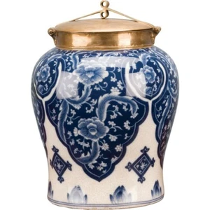 PORCELAIN BLUE AND WHITE QIPAO WARRIOR JAR LARGE WITH BRONZE ORMOLU LID 12" - Picture 1 of 2