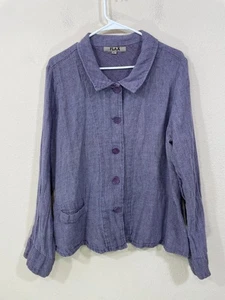 FLAX 100% Linen Woven Blazer Jacket Women’s L Collared Purple Lagenlook Artsy - Picture 1 of 9