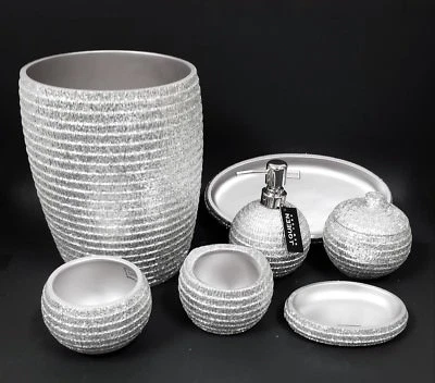 J.Regina 7 PC Set Glittery Sfarzo Argento Resina Dispenser + Trash - Immagine 1 di 4