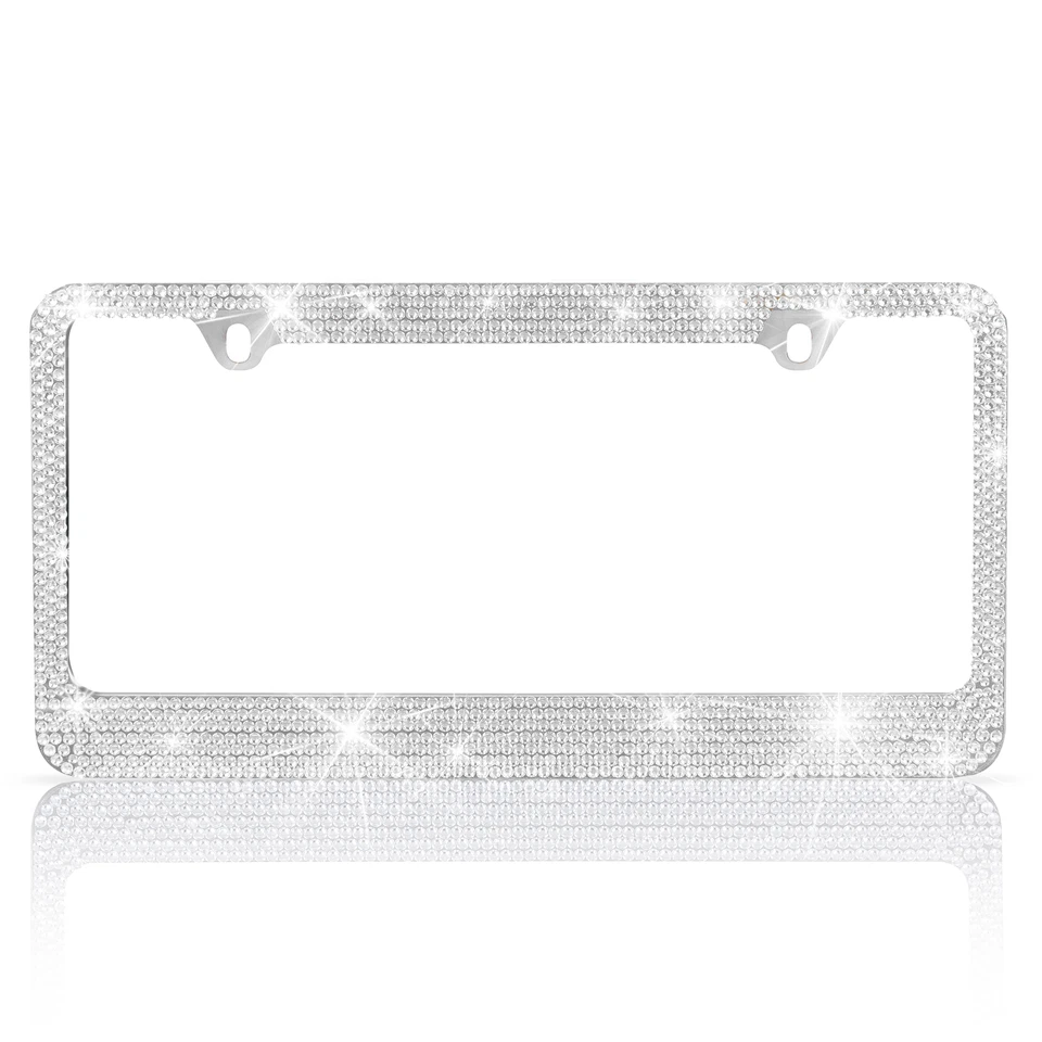 2X Marco de matrícula de metal plateado cristal brillante de acero inoxidable ajuste universal Foto 1 de 4