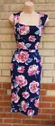 BOOHOO BLUE PINK FLORAL SQUARE NECK BODYCON PENCIL BANDAGE PARTY DRESS 8 S