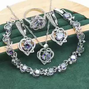 Heart Shaped 4 pc 925 Silver Created Mystic Topaz Jewelry Set - 9 ring size - Picture 1 of 7