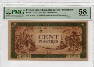 FRENCH INDO-CHINA 1942 BANKNOTE 100 PIASTRES PMG 58 A.UNC CONDITION - Picture 1 of 2