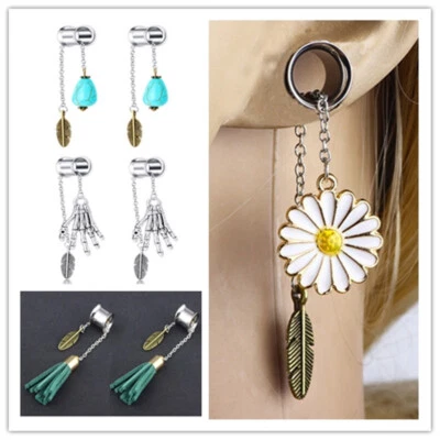 Pair Vintage Pendent Ear Plug Tassel Feather Floral Tunnel Flare Gauge Piercing - Imagem 1 de 4