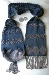 Antique Blue Crochet Silver Floral Steel Bead Fringe LARGE Miser Purse 1890s 35" - Picture 1 of 12