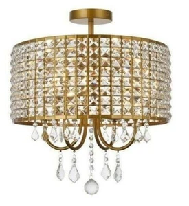 Chandelier Flush Mount Light Fixture Round Shade with Crystals Brass Dining Room - Picture 1 of 9