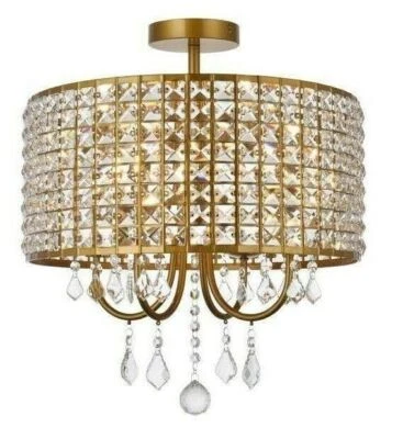 Chandelier Flush Mount Light Fixture Round Shade with Crystals Brass Dining Room - Image 1 of 4