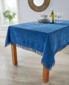 Diana Cowpe Blue Tablecloths Traditional Cotton Chenille Tablecloth Fringed Edge - Picture 1 of 3