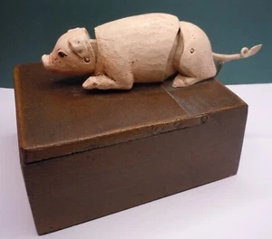 Vintage UNIQUE Wood Primitive Folk Art Mechanical Pig Trinket Keepsake Box - Picture 1 of 5