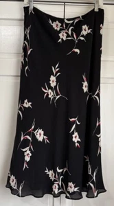 Vintage Petite Sophisticate Black Floral Midi Skirt 100% SILK Women's Size 12 - Picture 1 of 7