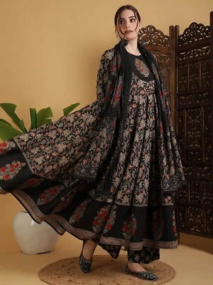 Mujer India Algodón Negro Floral Estampado Anarkali Kurta con Pantalón y Dupatta Foto 1 de 4