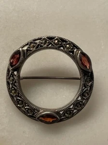 Vintage 925 Markasit roter Granat Marquis Kreis Anstecknadel Brosche Sterlingsilber - Bild 1 von 7
