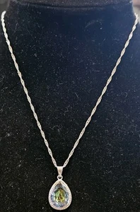 Sterling Silver 925 Neclace With Teardrop Pendant Of Aurora Borealis Crystal 17" - Picture 1 of 3