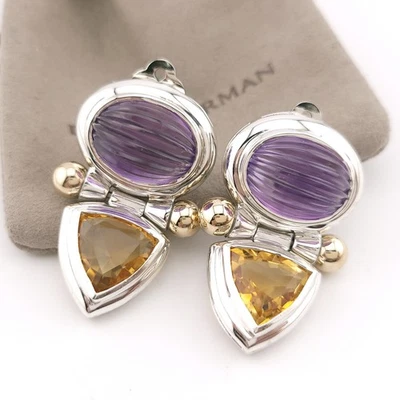 Pendientes de clip David Yurman de plata de ley y oro de 14k tallados en amatista y citrino Foto 1 de 4