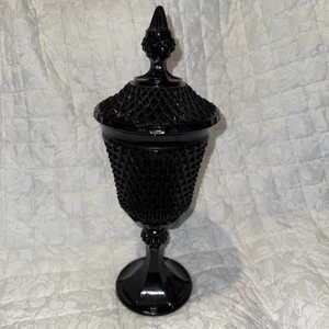 Vintage Indiana Black Glass Tiara Diamond Point 15” Pedestal Compote w/Lid Candy - Picture 1 of 8