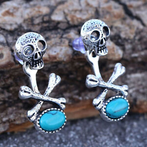 Bohemia 925 Silver Bones Cross Skull Turquoise Eardrop Skeleton Earrings Hook