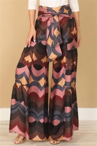 Brown Multi Print Wide Leg Palazzo Pants Size Small Tie Front Hippie Boho - Picture 1 of 3