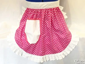 RETRO VINTAGE 50s STYLE HALF APRON / PINNY - CANDY PINK POLKA DOT with WHITE - Picture 1 of 4