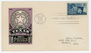 1945 - # 938 - Texas Statehood 100th Anniversary - IOOR Cachet - Picture 1 of 2
