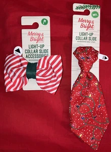 2 Merry & Bright Light-Up Collar Slides (M/L) (Red Lights Classic & Striped Bow) - Picture 1 of 2
